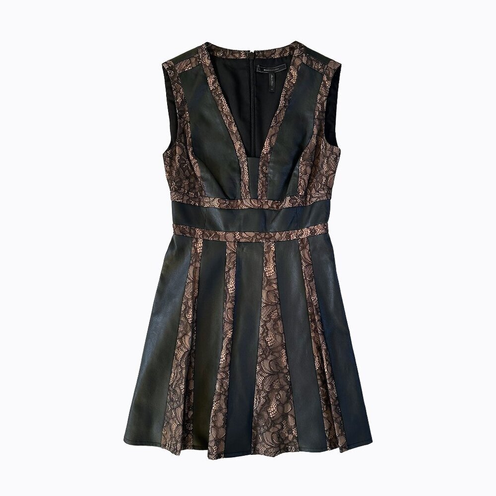 BCBGMaxAzria Faux Leather Pleated Dress 2 Black Brown Lace V-Neck 90s Goth Y2K